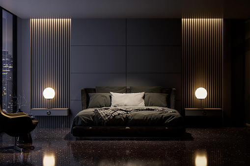 Modern style luxury black master bedroom with city view in the night 3d render, There are black terrazzo floor decorated wall with hidden light, furnished with black fabric bed
