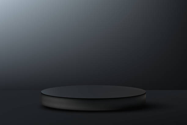 istock Black empty round podium. Black round podium on a dark background, advertising demonstration of goods. 2025325205