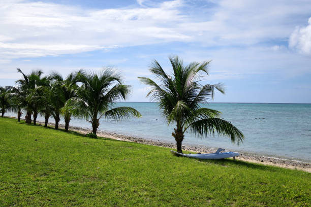 [Guam] Cocos Island coast and surfboard.