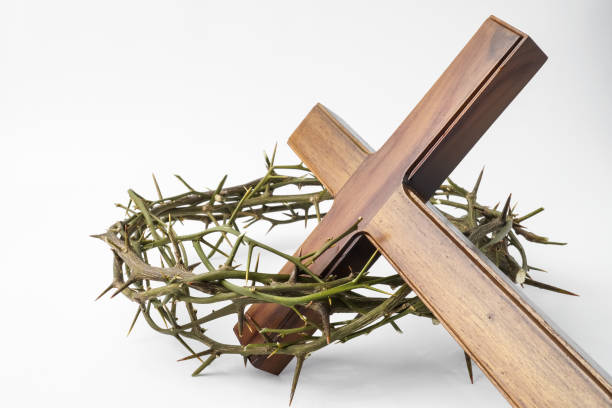 illustration of jesus wooden cross and crown of thorns used by catholic christians on good friday ceremony. isolated on white background with empty blank copy text space. - cross nail wood resurrection stock-fotos und bilder