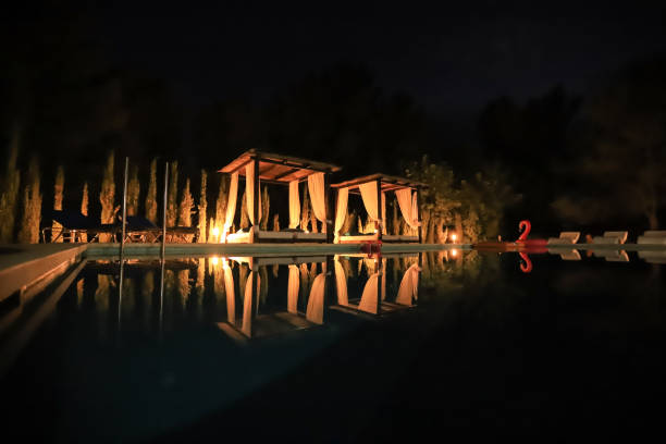 istock daybeds reflecting in a swimming pool at night 2025373577