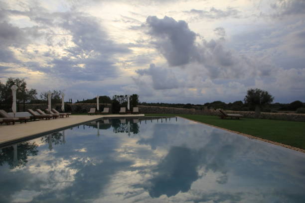 dramatic sky reflecting in the swimming pool