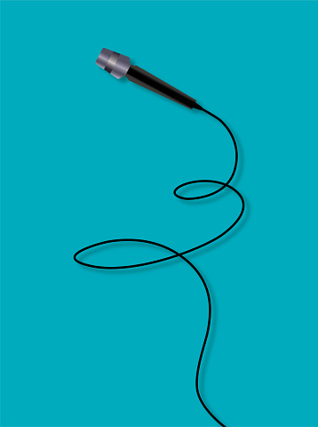 Vector Illustration of a Wired Singer Black Microphone over Blue Color Background.