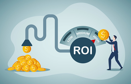 ROI, return on investment performance measure from cost invested and profit efficiency.High risky and high payback. Businessman invest money coin in ROI box to get return profit.