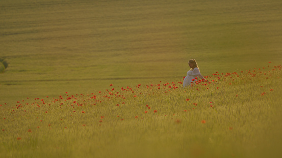 Side View Of A Pregnant Woman Gracefully Walking Through A Green Poppy Wheat Field