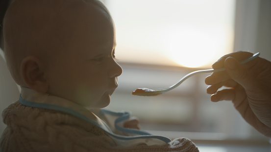 In a Cropped Frame,the Hand of a Mother Feeds Food with a Spoon To Her Cute Baby Boy at Home,Nurturing Him with Love and Care in a Tender Moment Captured Amidst the Comforts of Home.