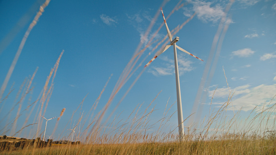 Wind Turbines Gracefully Spinning on Vast Expanse of Grass,Harnessing the Power of the Wind to Generate Electricity,a Serene and Eco-friendly Scene.