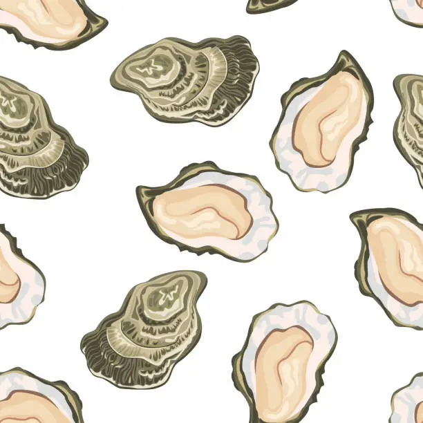 Vector illustration of Oysters seamless pattern. Vector cartoon illustration. Seafood background.