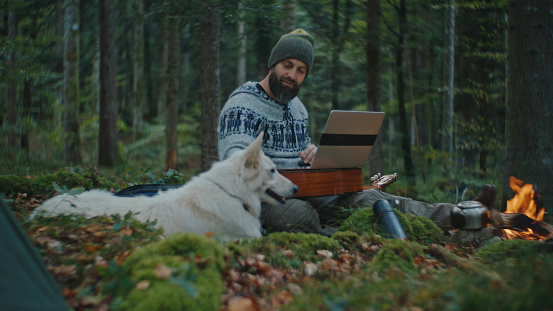 Engrossed in his Work,a Man Sits with his Dog by the Campfire in the Woodland during Vacation,his Laptop Screen Casting a Soft Glow amidst the Tranquil Forest Setting.