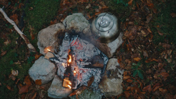 High Angle View Of Bonfire On Field At Night