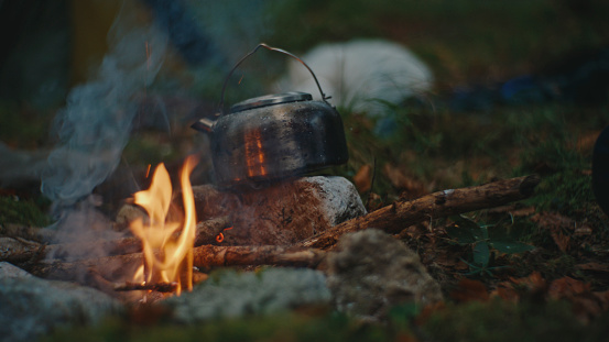 Through a Close-Up Lens,the Mesmerizing Sight of Wood Burning in the Campfire is Captured,with a Kettle Resting on a Rock Nearby amidst the Serene Beauty of the Forest.