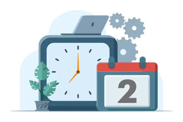 Vector illustration of business time management concept, deadline, planner, start, agenda, time, calendar flat vector illustration. Calendar with Clock Flat Icon. Pixel Perfect. For Mobile and Web.