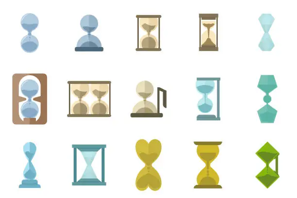 Vector illustration of Hourglass set. Old sand glass with falling sand inside, vintage timer for measuring time, symbol of time or deadline time. collection of vector illustrations on a white background.