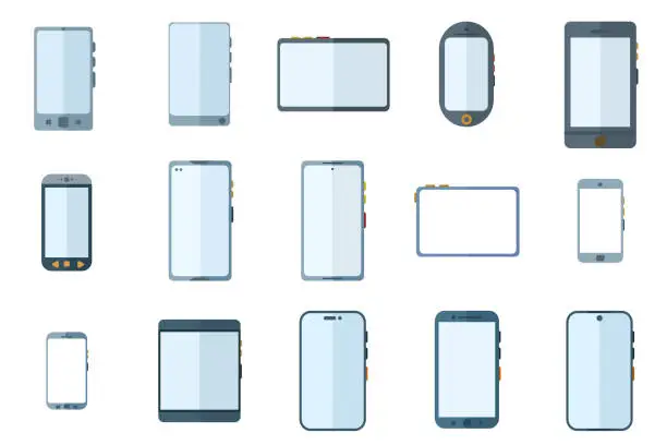 Vector illustration of smartphone set illustration. Mobile phone display, device screen frame and mobile phone vector template illustration set. Means of communication, models of presentation of modern gadgets.