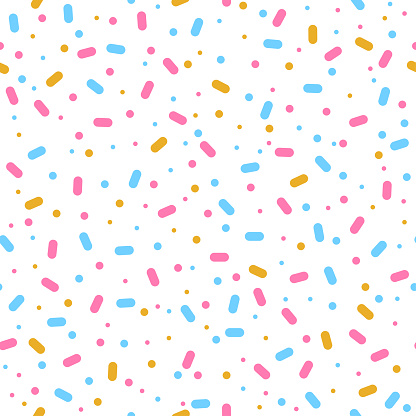 Festive seamless background with colorful sprinkles and dots. Ice cream dessert. Sweet confetti on transparent background. Vector Illustration for wrapping, textile, holiday designs, party, birthday, invitation, greeting cards