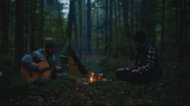 istock Man Playing Guitar while Woman Sitting near Campfire in Forest during Vacation 2025408785