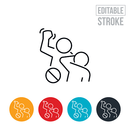 An icon a man hitting a woman out of rage with a stop symbol representing ending domestic violence. The icon includes editable strokes or outlines using the EPS vector file.