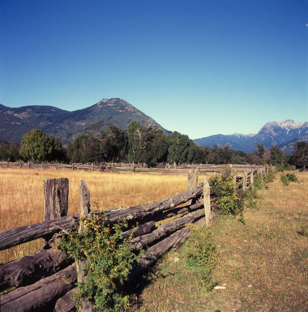 Gate along a dirt road and Castillo mountain range, Pan-American Highway, Aysen Region, Patagonia, Chile