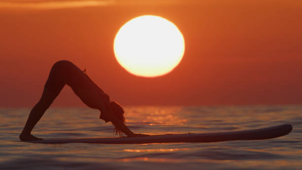 In the Serene Embrace of the Idyllic Sea against Sky at Sunset. Flexible Woman is Gracefully Practicing Yoga on a Paddleboard. she is Exercising amidst Ocean.
