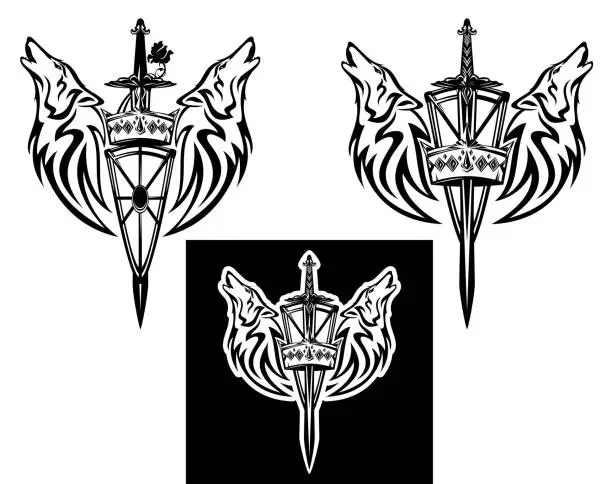 Vector illustration of black and white vector royal heraldry with rose flower, shield, sword, crown and howling wolf heads