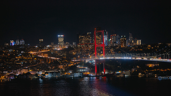 From a High Vantage Point,the Illuminated Bosphorus Bridge Stands Proudly amidst the Twinkling Cityscape,Set against the Backdrop of a Clear Night Sky. This Enchanting View Captures the Mesmerizing Beauty of the City's Nighttime Ambiance