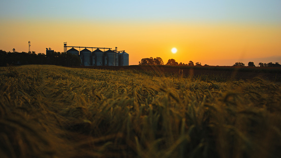 Lush Green Rural Field,Adorned With Silo Storage Tanks,Transforms Into A Captivating Scene As The Sun Sets,Casting A Warm Glow Over The Picturesque Landscape