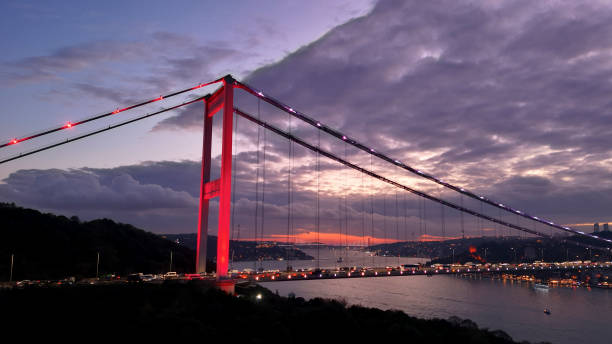 istock Low Angle View of Illuminated Red Bosphorus Bridge against Cloudy Sky at Dusk in Istanbul,Turkey 2025422351