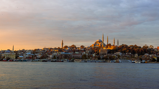 This Captivating Scene Features the Iconic Blue Mosque Set against the Picturesque Backdrop of the Sea of Marmara and a Cloudy Sky in Istanbul,Turkey. The Majestic Silhouette of the Mosque Stands out against the Skyline,Showcasing its Intricate Domes and Minarets