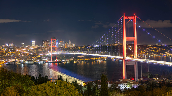 This Stunning Aerial View Captures the Illuminated Bosphorus Bridge Spanning the Majestic Marmara Sea amidst the Cityscape of Istanbul,Turkey,during the Night. The Bridge's Lights Shimmer against the Dark Waters,Creating a Mesmerizing Sight that Epitomizes the Beauty and Vibrancy of this Historic City