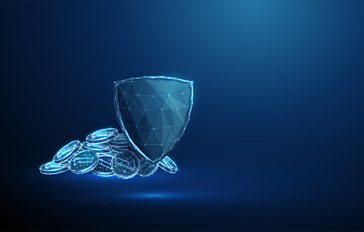 Abstract blue guard shield with pile of coins. Deposit insurance, financial security concept. Low poly digital style. Geometric background. Wireframe connection structure. Modern 3d graphic. Vector