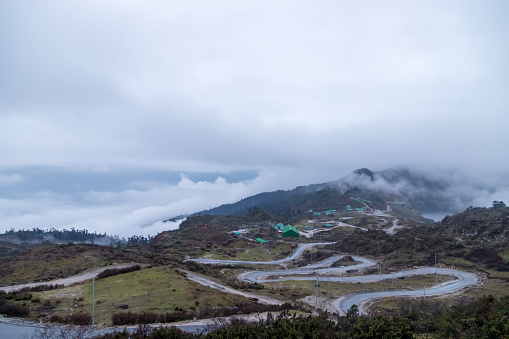 Tawang road to bumla pass in arunachal pradesh in India. Landscape mountains of himalayas of arunachal pradesh.