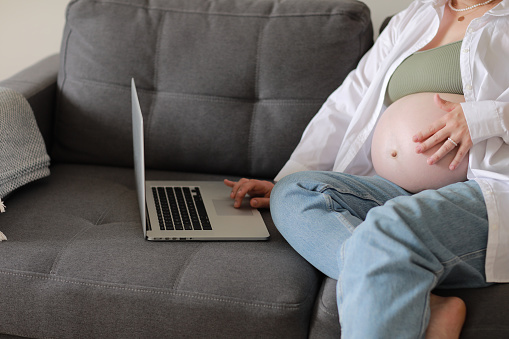 Young pregnant woman caress her big belly and remotely works on laptop at home on sofa, communicating online, browsing internet social media. Business, pregnancy and Internet technology concept