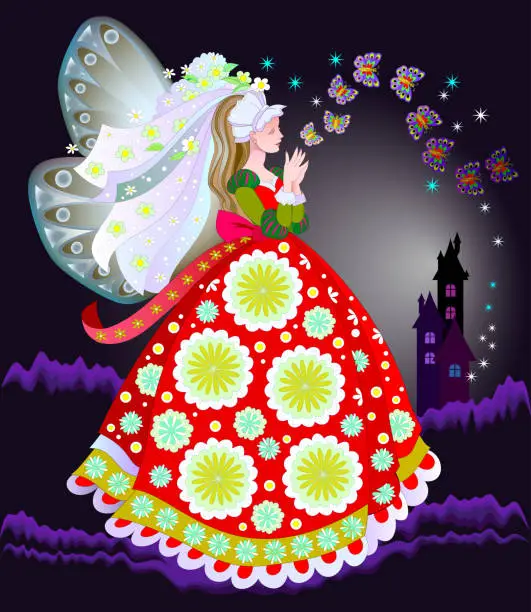 Vector illustration of Illustration of fairyland princess in fashionable medieval dress. Book cover for children fairy tale. Beautiful girl. Print for carnival festival or theater and fashion party. Vector cartoon image.