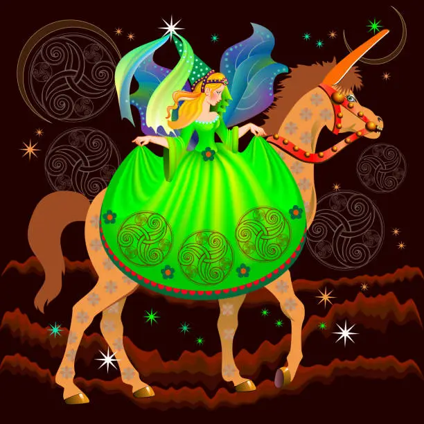 Vector illustration of Illustration of fairyland princess riding on unicorn in fantastic medieval environment. Book cover for children fairy tale. Beautiful girl. Print for carnival festival or theater performance.