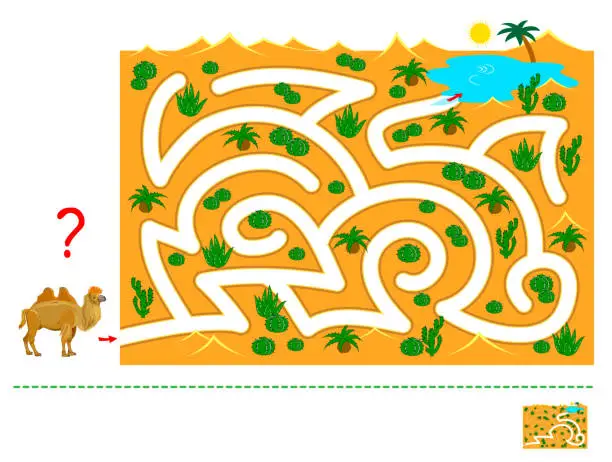 Vector illustration of Logic puzzle game with labyrinth for children and adults. Help the camel find the way in the desert to the water. Printable worksheet for kids brain teaser book. IQ test. Flat cartoon vector.