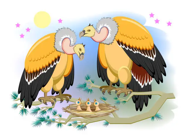 Vector illustration of Illustration of cute vulture family with father, mother and babies in the nest. Cover for kids fairy tale book. Background for poster with birds. Printable vector. Cartoon drawing for children.