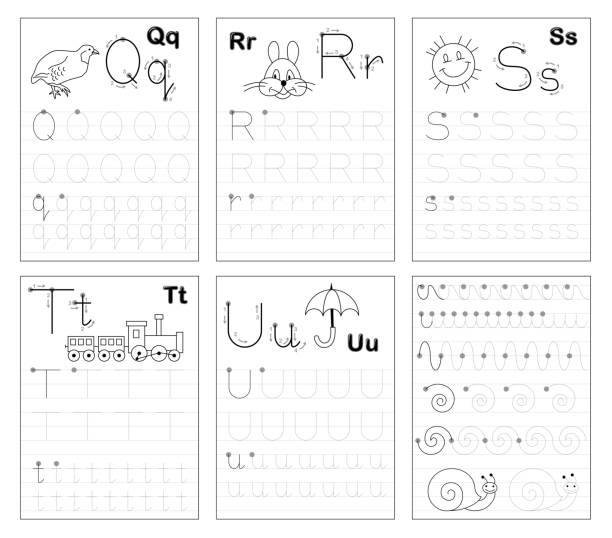 ilustrações, clipart, desenhos animados e ícones de conjunto de páginas educacionais em preto e branco on-line para crianças. aprenda a traçar letras do alfabeto. planilha imprimível para livro didático infantil. desenvolver habilidades de escrita. volta às aulas. caderno de exercícios do abc. - traçar