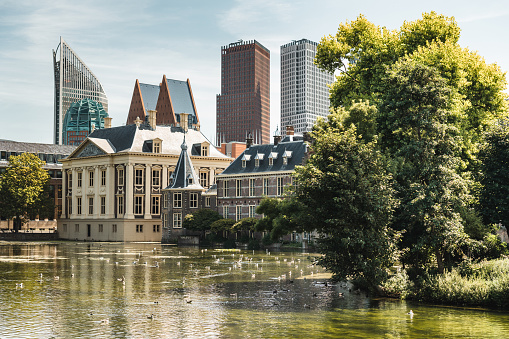 The Hague (Den Haag) city centre, Panorama of the Binnenhof at the Hofvijver lake in The Hague, the government complex houses the Senate (Eerste Kamer) and the House of Representatives (Tweede Kamer), and the office of the Prime Minister of the Netherland