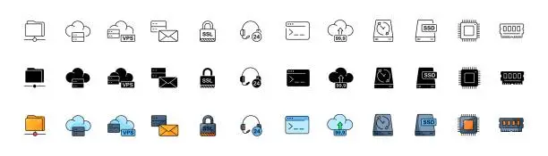 Vector illustration of Storage icon collection. Storage set. Linear, silhouette and flat style. Vector icons