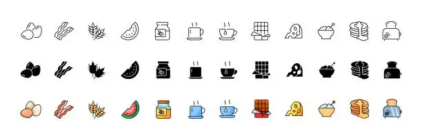 Vector illustration of Food icons collection. Linear, silhouette and flat style. Vector icons