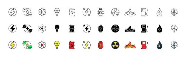 Vector illustration of Energy icon collection. Linear, silhouette and flat style. Vector icons