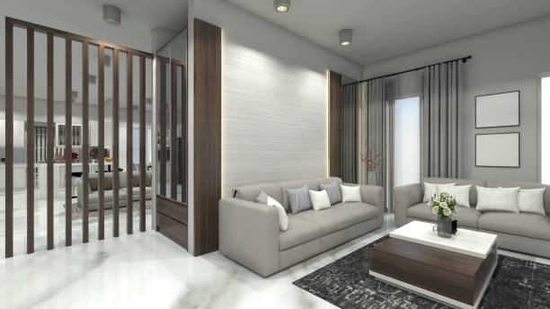 istock Modern Living Room Design with Wooden Wall Partition and Panel Background 2025430799