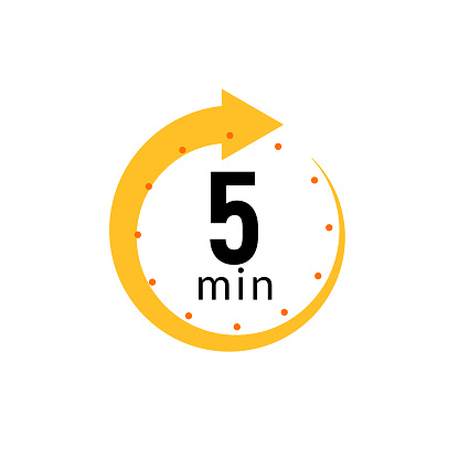 5 minutes clock quick number icon. 5min time circle icon.