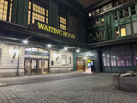Hoboken train station entrance at night