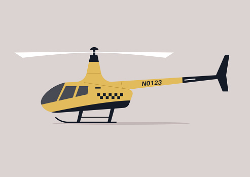 Urban Skies, The Helicopter Taxi Ascends at Dawn, A sleek yellow air taxi lifts off for a morning commute in the city