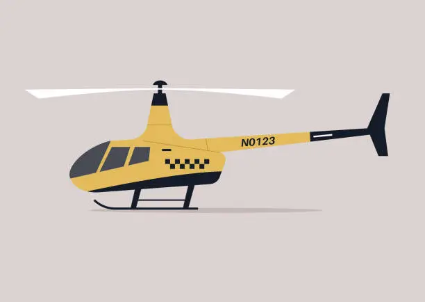 Vector illustration of Urban Skies, The Helicopter Taxi Ascends at Dawn, A sleek yellow air taxi lifts off for a morning commute in the city