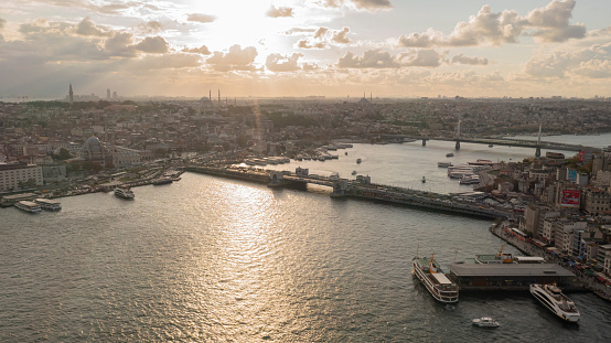 Ferries in Istanbul, Galata Bridege, Tower, Eminonu, Beyoglu, Golden Horn,sunlight Aerial View panoramic Istanbul city