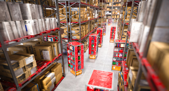 inside a warehouse with robot-automated logistics. 3d render