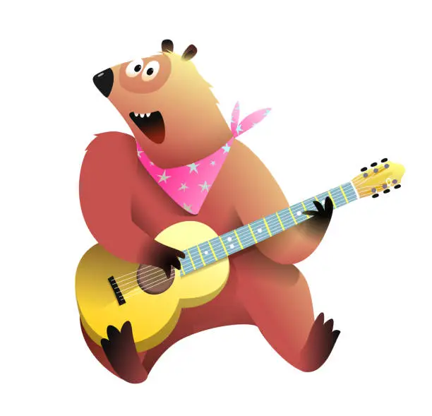 Vector illustration of Cute bear plays guitar and sings song for children