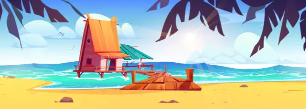 Vector illustration of Fisherman house with pier on beach